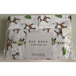 Rae Dunn Reindeer Christmas Tree Soft Queen Size Sheet Set Holiday 4 Piece NEW